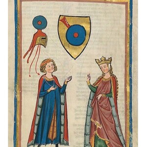 May include: A medieval manuscript illustration featuring the text Der von Kürenberg. The image depicts two figures in period clothing, a blue-clad person and a crowned figure in a red gown, alongside a gold shield with a blue circle and a helmet.