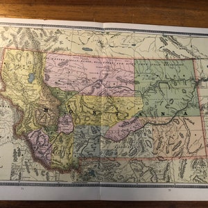 1886 Montana Mapa litografía coloreada a mano Americana 13 por 22 pulgadas Dos páginas extendidas Mapas americanos Arte de pared grande Decoración framable
