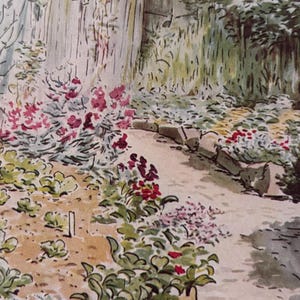 May include: A watercolor illustration of a garden scene with a stone path winding through flower beds. The flowers are in shades of pink and red, with green foliage. A wooden fence and tall grass are in the background.