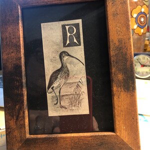 Letter R Monogram Alphabet Woodcut by A Thornburn with Curlew Framed Antique Original print Published Lithograph Rare image 6