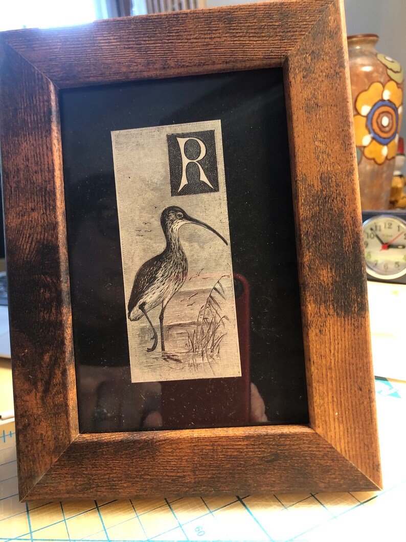 Letter R Monogram Alphabet Woodcut by A Thornburn with Curlew Framed Antique Original print Published Lithograph Rare image 6