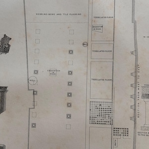 May include: A black and white diagram of Roman ruins discovered in Bridge Street Chester in June 1863. The diagram shows the layout of the ruins, including a well, a bath, and several rooms with herringbone and tile flooring. The text "PLAN &c OF THE ROMAN REMAINS" is at the top of the diagram.