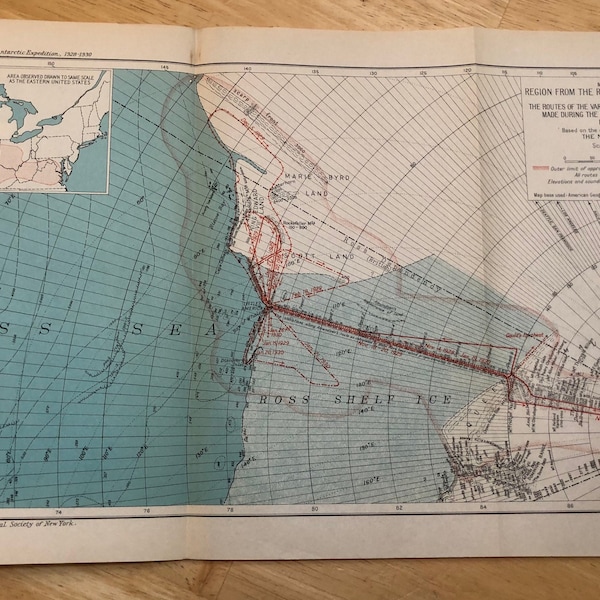 Carte dépliante de l'expédition en Antarctique de 1930, couleur originale ancienne, art mural Admiral Byrd First Exploration, pôle Sud, pour explorateur de fauteuils