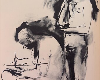 Picasso, Artist and Model | Drawing After Pablo Picasso | Vintage print 1954 | Dated in plate