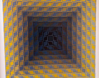 Victor Vasarely, IX / Litografía original publicada (offset) / Arte óptico / Arte mural moderno / Impresión vintage