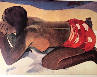 Otahi, Alone by Gauguin Vintage Print 1950 11.5 by 16 large poster original Portrait of a woman Tahiti Framable Wall Art Tropical figure