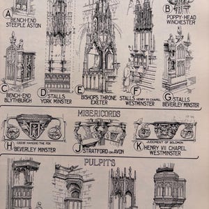 May include: A black and white illustration of medieval church fittings, including bench ends, stalls, a bishop's throne, misericords, and pulpits. The image features detailed architectural drawings with labels such as "Poppy-Head Winchester" and "Bishop's Throne Exeter".
