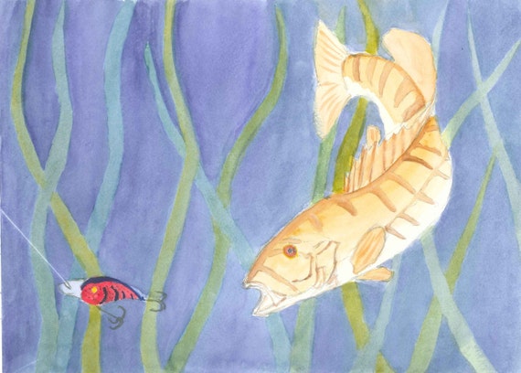 Drawing Leviathan With A Hook Bass Fishing Watercolor Card | Etsy