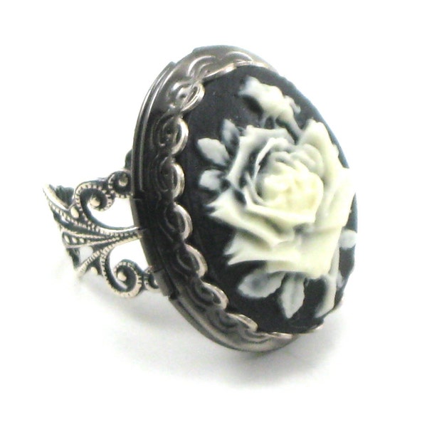 NEO VICTORIAN GOTHIC LOLITA CAMEO ROSE LOCKET MOURNING RING in CREAM on BLACK with ADJUSTABLE FILIGREE BAND - GORGEOUS in EVERY WAY - ONLY FROM GhostLove