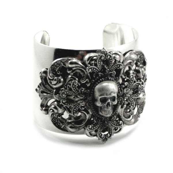 Gothic Bracelet - Skull Wrist Cuff - Menace - Layered w/ Antiqued Sterling Silver Plated Filigree Cross by Ghostlove