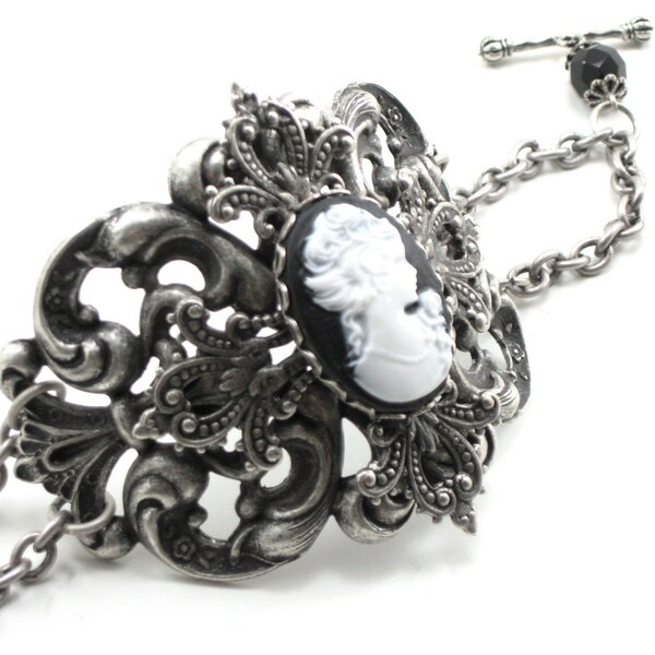 La Gothique - STUNNING GOTHIC LOLITA BLACKENED SILVER LAYERED FILIGREE WRIST CUFF with ORNATE TOGGLE and VICTORIAN CAMEO ACCENT - EXCLUSIVE GhostLove DESIGN