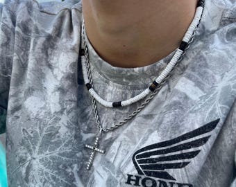 Puka Shell Surfer Necklace / Stainless Steel Adjustable Heishi Boho Beach Necklace
