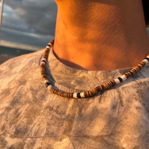 Coconut Shell Surfer Necklace / Stainless Steel Adjustable Heishi Boho Beach Necklace