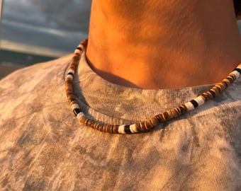 Coconut Shell Surfer Necklace / Stainless Steel Adjustable Heishi Boho Beach Necklace