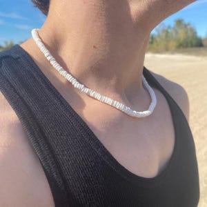 Shell Surfer Necklace / Boho Beach Necklace / Heishi Puka Stainless Steel Adjustable