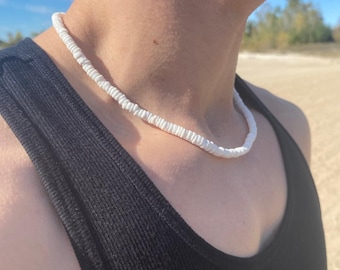 Collar de surfista con conchas Puka / Collar bohemio de playa ajustable de acero inoxidable Heishi