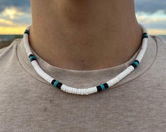 Puka Shell Surfer Necklace / Stainless Steel Adjustable Heishi Boho Beach Necklace