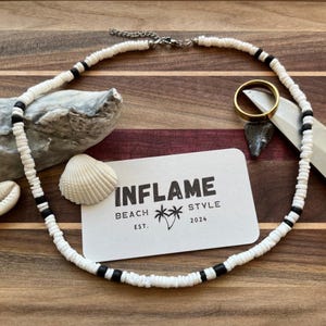 Shell Surfer Necklace / Boho Beach Necklace / Heishi Puka Stainless Steel Adjustable