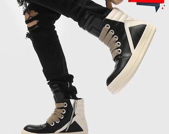 Men&#39;s Platform High Top Shoes, Lace Up Zipper Leather Sneakers, Casual Luxury Shoes, Trainers, Boots,