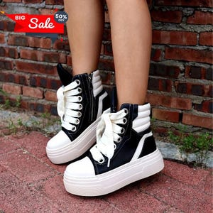 Women&#39;s Platform High Top Shoes, Lace-Up Leather Sneakers with Zipper, Casual Luxury Shoes, Sneakers, Boots, High Rick Heels