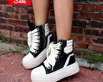 Women's Platform High Top Shoes, Lace-up Leather Sneakers With