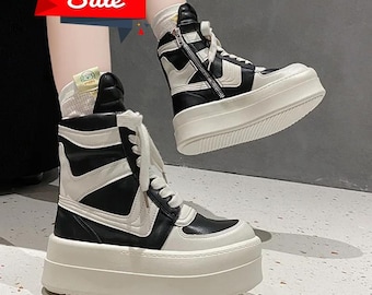 Boots, Unisex Wide Platform High Top Shoes, Lace-Up Leather Sneakers with Zipper, Casual, Luxury, Sneakers, High Rick