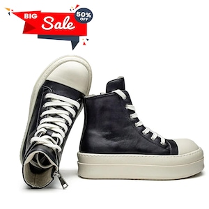 Unisex Wide Platform High Top Shoes, Lace Up Zipper Leather Sneakers, Casual Luxury Shoes, Sneakers, Boots, High Rick