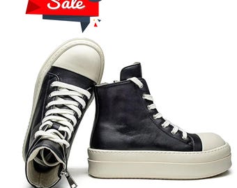 Unisex Wide Platform High Top Shoes, Lace Up Zipper Leather Sneakers, Casual Luxury Shoes, Sneakers, Boots, High Rick