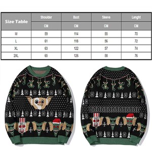 May include: Black and green Christmas sweater with a graphic print of a creature from the movie Gremlins. The sweater has a red Santa hat, popcorn, and the words "Happy Holidays". Size chart included with measurements in centimeters.
