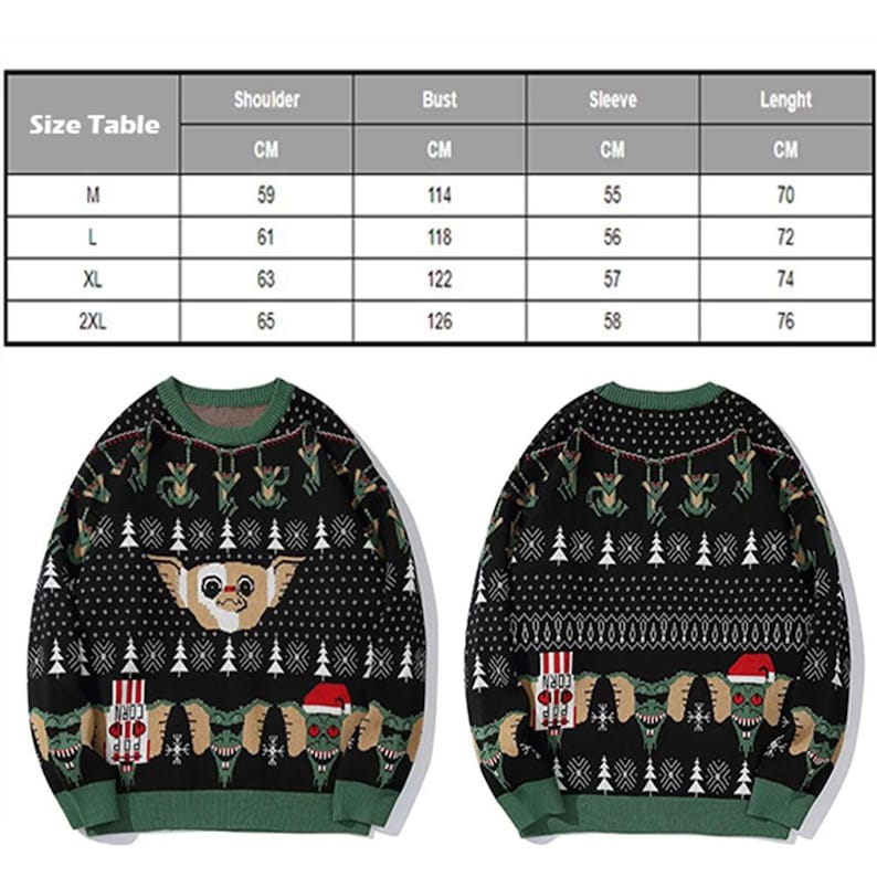 May include: Black and green Christmas sweater with a graphic print of a creature from the movie Gremlins. The sweater has a red Santa hat, popcorn, and the words "Happy Holidays". Size chart included with measurements in centimeters.