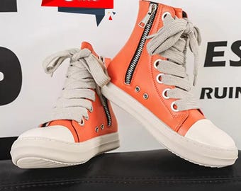 High-top platform sneakers with wide laces, for men and women, vegan leather sneakers with laces and zipper