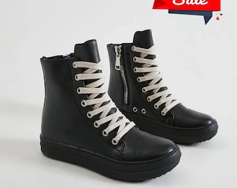 High platform shoes in various colors for men and women, leather sneakers with laces and zippers, casual boots, Rick