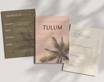 Plantilla de invitación e itinerario para despedida de soltera antes del novio en Tulum, viaje de fin de semana de despedida de soltera en México, editable en Canva, descarga instantánea, 5x7