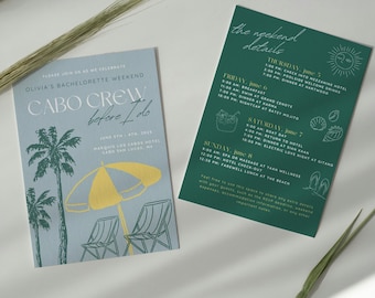 Invitación, itinerario y lista de equipaje de Cabo Crew Before I Do Bachelorette / Last Splash in Mexico, invitación a la playa de Cabo, plantilla de Canva