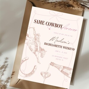 Plantilla de invitación e itinerario para despedida de soltera del mismo vaquero para siempre, Nashville Country Western, Pink Cowgirl Bach Last Rodeo, Editar en Canva 5x7 imagen 4