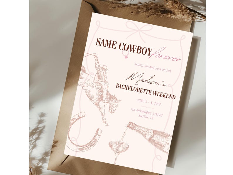 Plantilla de invitación e itinerario para despedida de soltera del mismo vaquero para siempre, Nashville Country Western, Pink Cowgirl Bach Last Rodeo, Editar en Canva 5x7 imagen 4