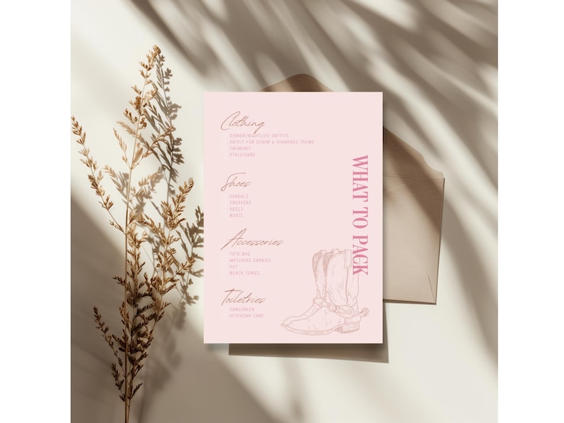 Puede incluir: Una lista de verificaci&oacute;n rosa con el texto "WHAT TO PACK" en letras rosas en negrita. La lista de verificaci&oacute;n incluye categor&iacute;as para ropa, zapatos, accesorios y art&iacute;culos de tocador. Un dibujo de l&iacute;nea de botas de vaquero rosas se encuentra en la esquina inferior derecha.