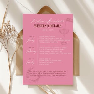 May include: A pink bachelorette weekend details card with a champagne glass and a horseshoe. The card lists the weekend schedule or itinerary with times and activities for Friday, Saturday, and Sunday.