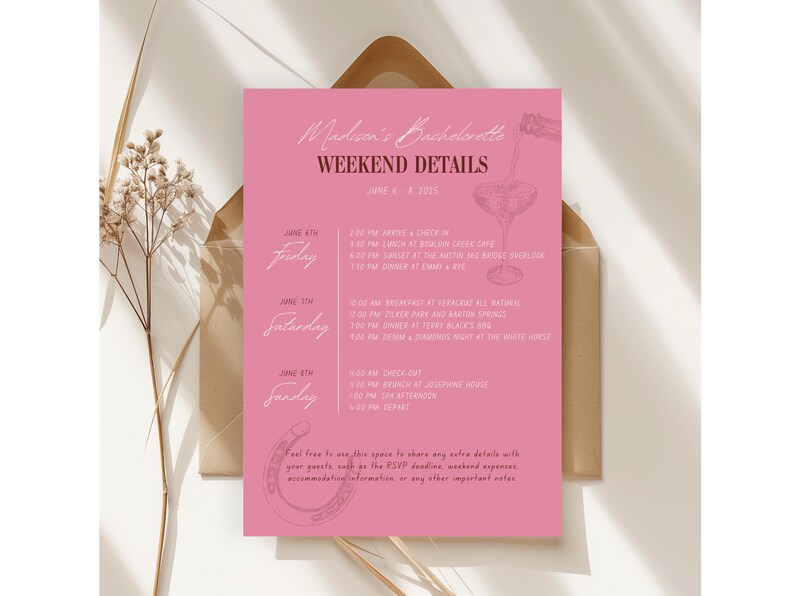 May include: A pink bachelorette weekend details card with a champagne glass and a horseshoe. The card lists the weekend schedule or itinerary with times and activities for Friday, Saturday, and Sunday.