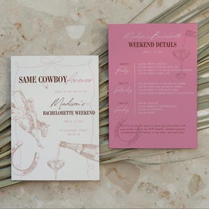 Dezelfde Cowboy Forever Bachelorette uitnodiging en sjabloon sjabloon, Nashville Country Western, Pink Cowgirl Bach Last Rodeo, bewerken in canvas 5 x 7