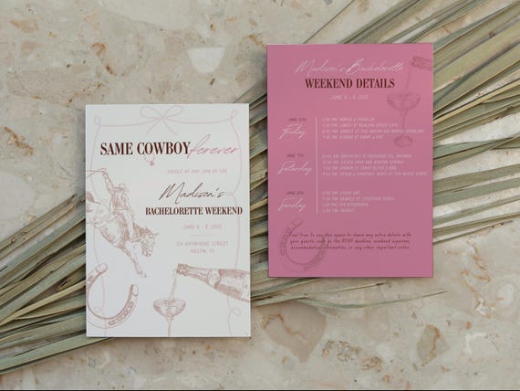 Same Cowboy Forever Bachelorette Invite and Itinerary Template, Nashville Country Western, Pink Cowgirl Bach Last Rodeo, Edit in Canva 5x7