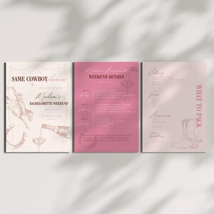 Puede incluir: Una invitaci&oacute;n imprimible para una despedida de soltera rosa y blanca con un vaquero montando un caballo y el texto "Same Cowboy Forever" y "Madison's Bachelorette Weekend".