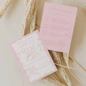 Champagne Veuve Before Vows Bachelorette Party Invitation & Itinerary Canva Templates | Pink Palm Springs Party Invite | Miami Bach Weekend