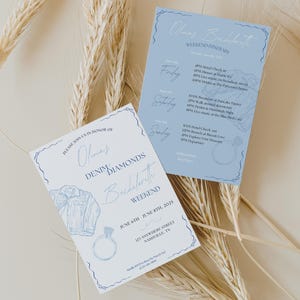 Pastel Blue Denim and Diamonds Bachelorette Invite and Itinerary, Cowgirl Disco Glam Bach Trip, Canva Editable Template, Digital / Printable image 1