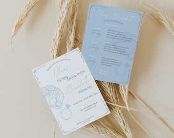 Invitación e itinerario de despedida de soltera en mezclilla azul pastel y diamantes, despedida de soltera glamurosa con estilo disco vaquera, plantilla editable de Canva, digital/imprimible