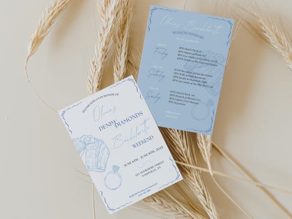 Pastel Blue Denim and Diamonds Bachelorette Invite and Itinerary, Cowgirl Disco Glam Bach Trip, Canva Editable Template, Digital / Printable