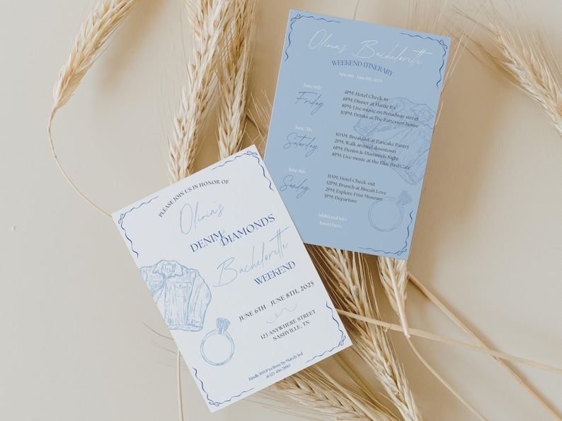 Pastel Blue Denim and Diamonds Bachelorette Invite and Itinerary, Cowgirl Disco Glam Bach Trip, Canva Editable Template, Digital / Printable image 1