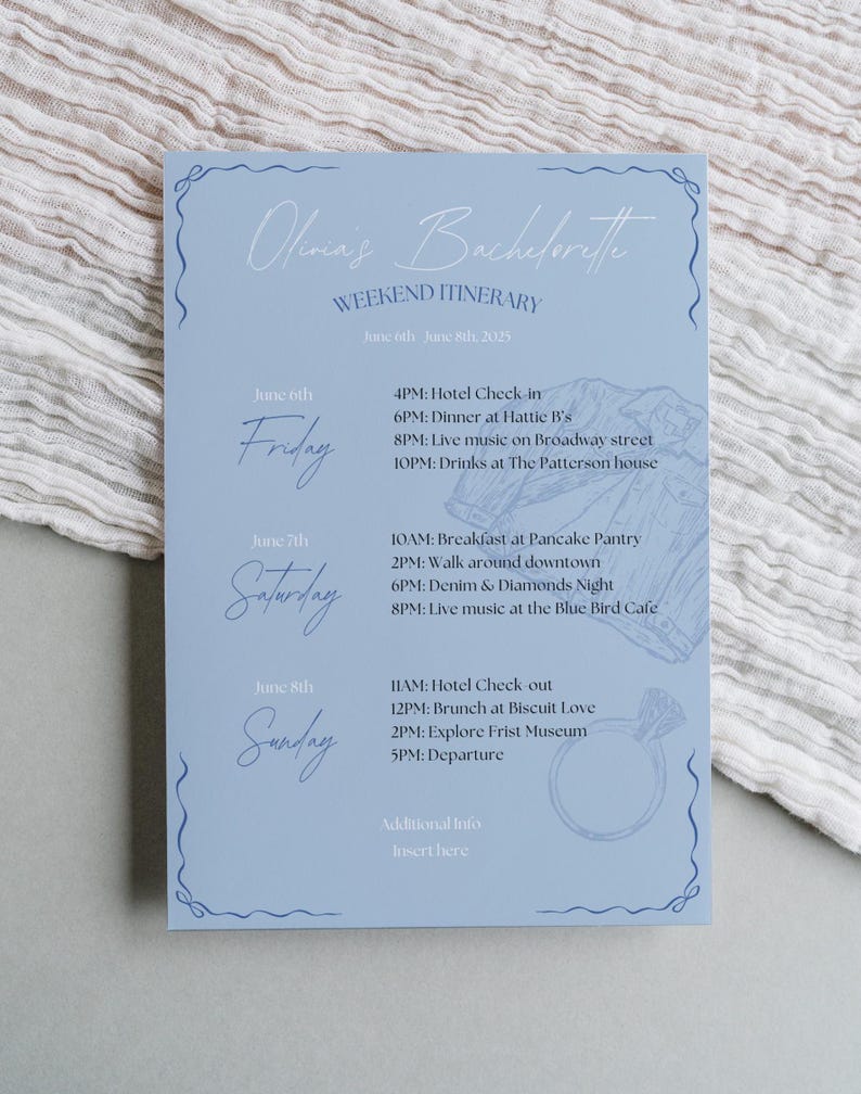 May include: A light blue card with a weekend itinerary for a bachelorette party. The card features a ring and a floral design. The itinerary includes activities for Friday, Saturday, and Sunday. June 6th, June 7th, June 8th, 2025.