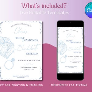 May include: Two printable templates for a bachelorette party invitation. The invitation features a blue denim and diamond design with the text "Olivia's Denim & Diamonds Bachelorette Weekend" and the dates "June 6th - June 8th, 2025".