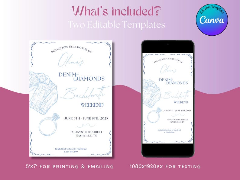 May include: Two printable templates for a bachelorette party invitation. The invitation features a blue denim and diamond design with the text "Olivia's Denim & Diamonds Bachelorette Weekend" and the dates "June 6th - June 8th, 2025".